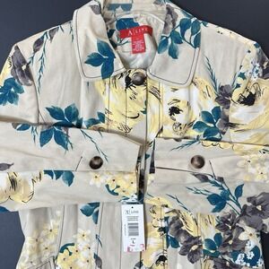 A Line Vintage Floral Print Trench Coat Womens L Beige NWT Boho Preppy Lagenlook